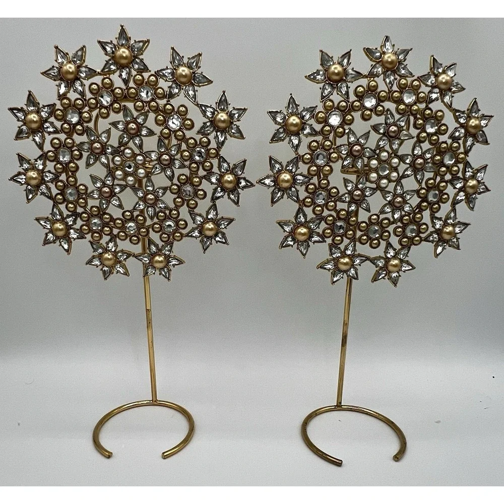 2 Pottery Barn Gold Jeweled Snowflake Tree Topper w/ Pearl & Rhinestone Bling